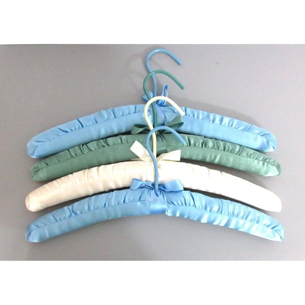 Lot of 4 Vintage Padded Satin Fabric Covered Clothes Hangers Colored Ribbon Home